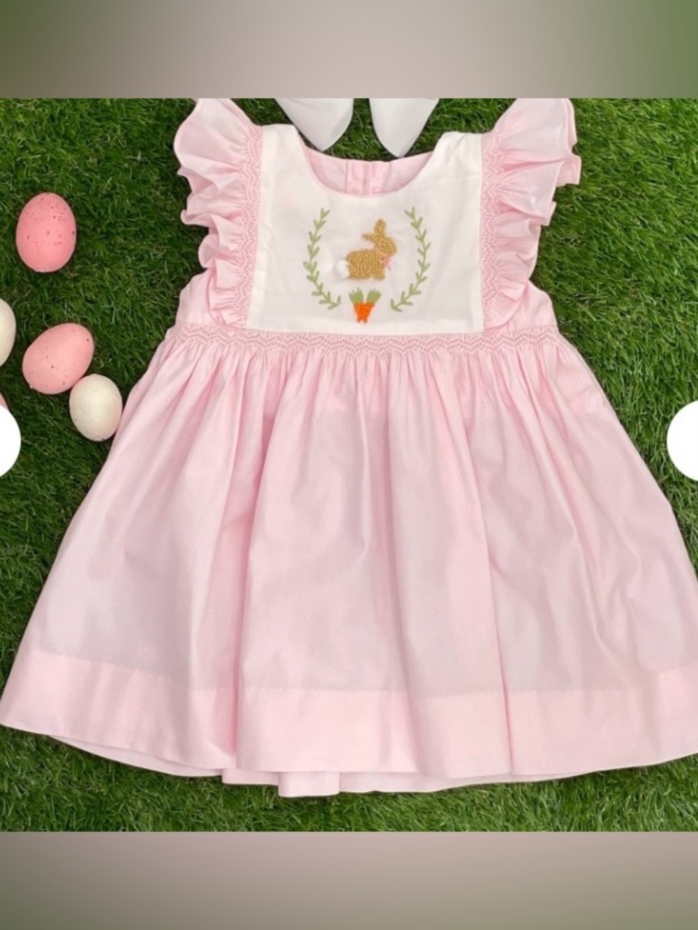 Pleats & Stitches Ruffle-Sleeve Bunny Smocked Baby Dress